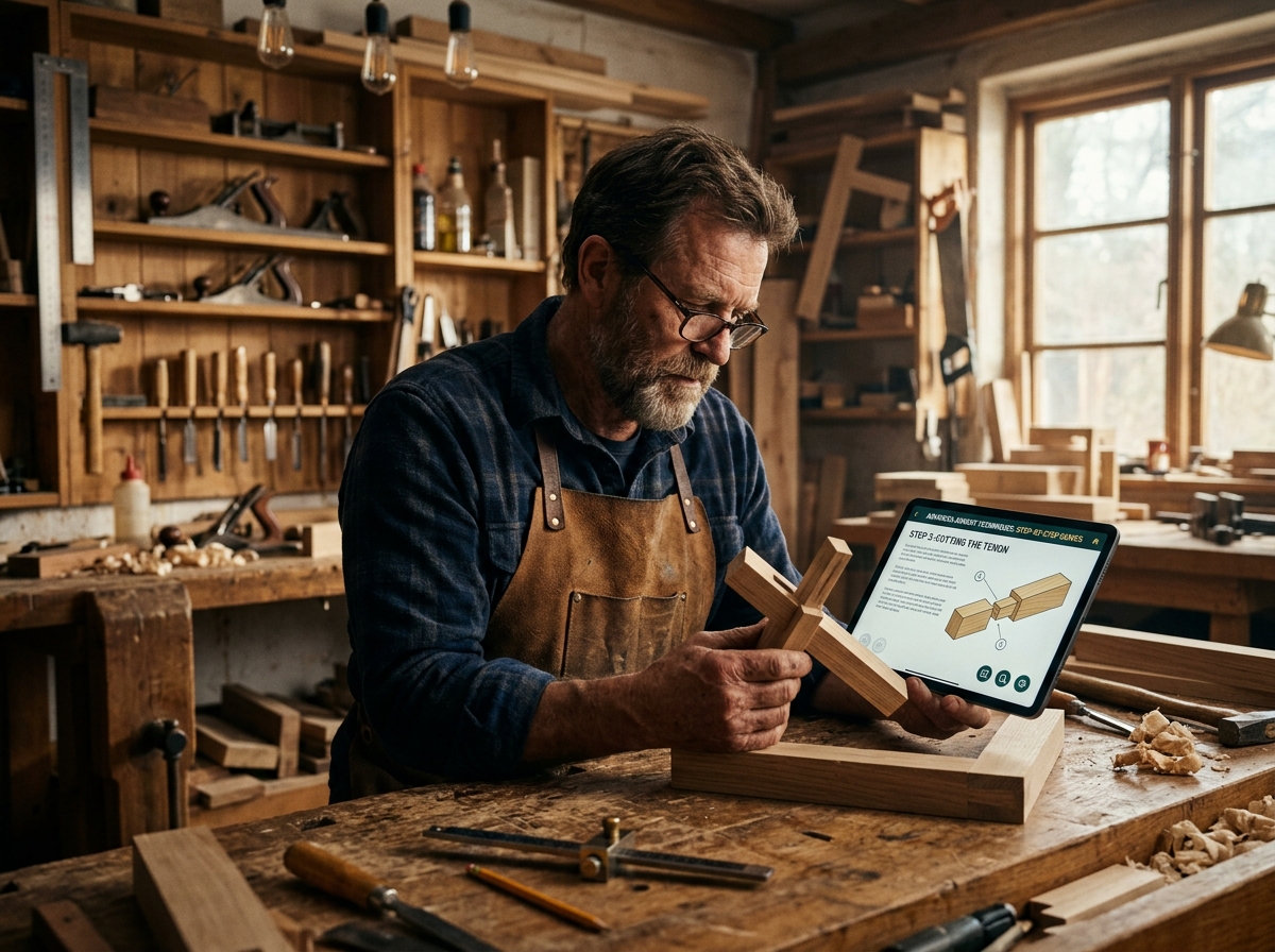 Marceneiro consultando um guia em tablet na própria bancada