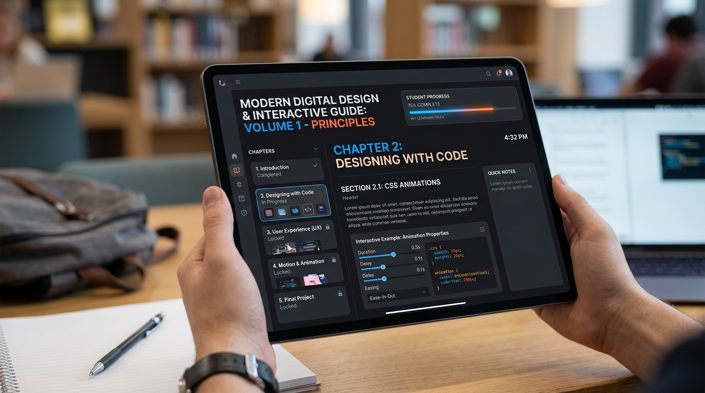 Interface moderna de guia digital e e-book interativo com capítulos modulares e acompanhamento de alunos.