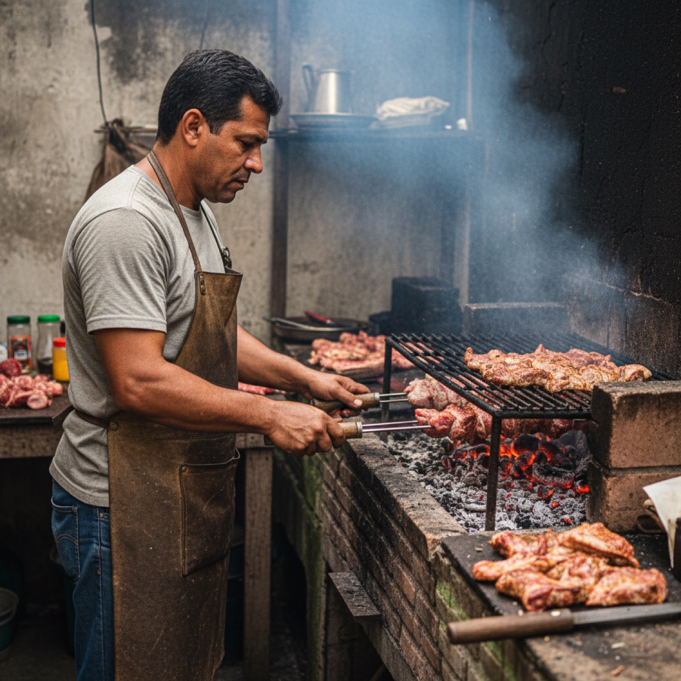 Churrasqueiro vira peças de carne numa churrasqueira a carvão ao ar livre, com brasa acesa e fumaça leve.