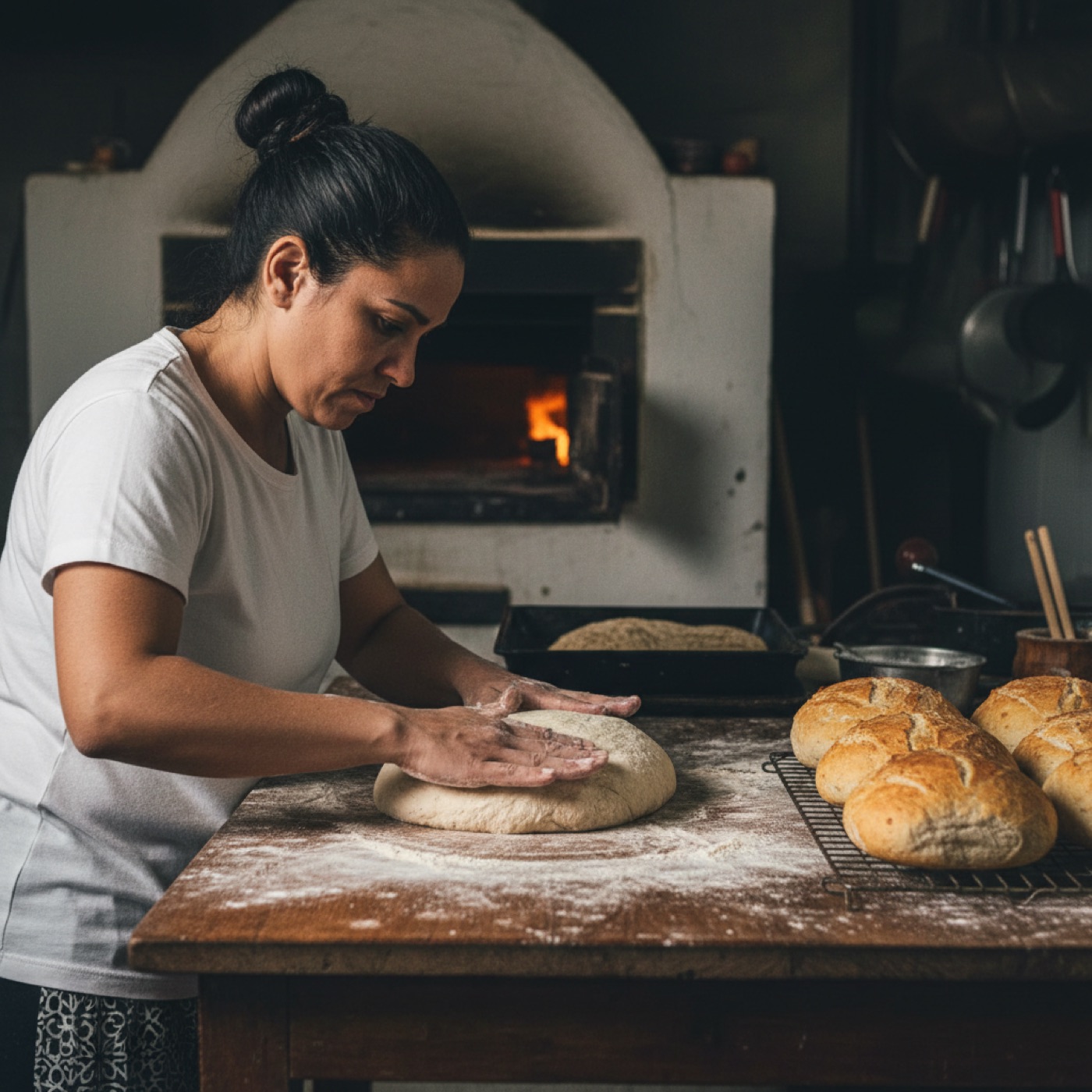 Cozinheira abre massa de pão numa bancada polvilhada de farinha, com forno a lenha aceso ao fundo.