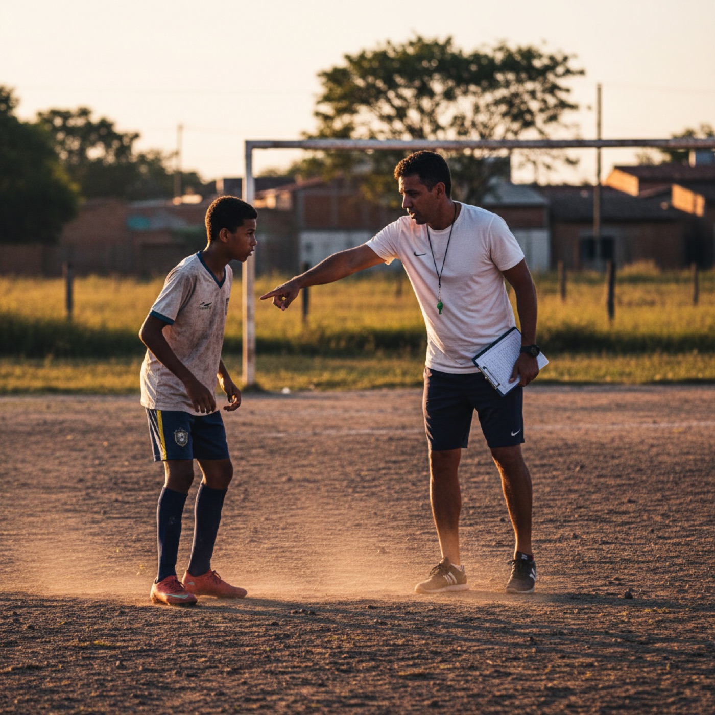Treinador de futebol orienta o posicionamento de um jovem atleta num campo de terra batida no fim da tarde.
