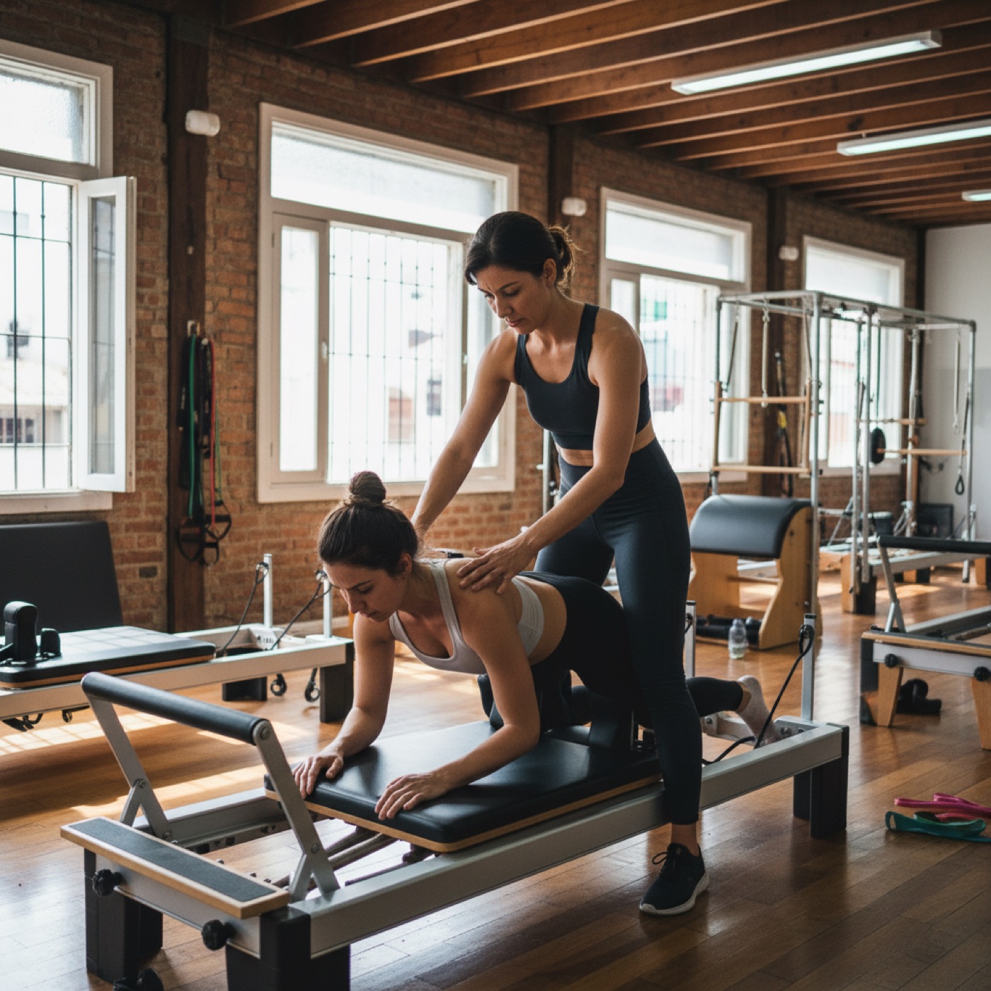 Instrutora de pilates corrige a postura de uma aluna no aparelho reformer, num estúdio de piso de madeira.