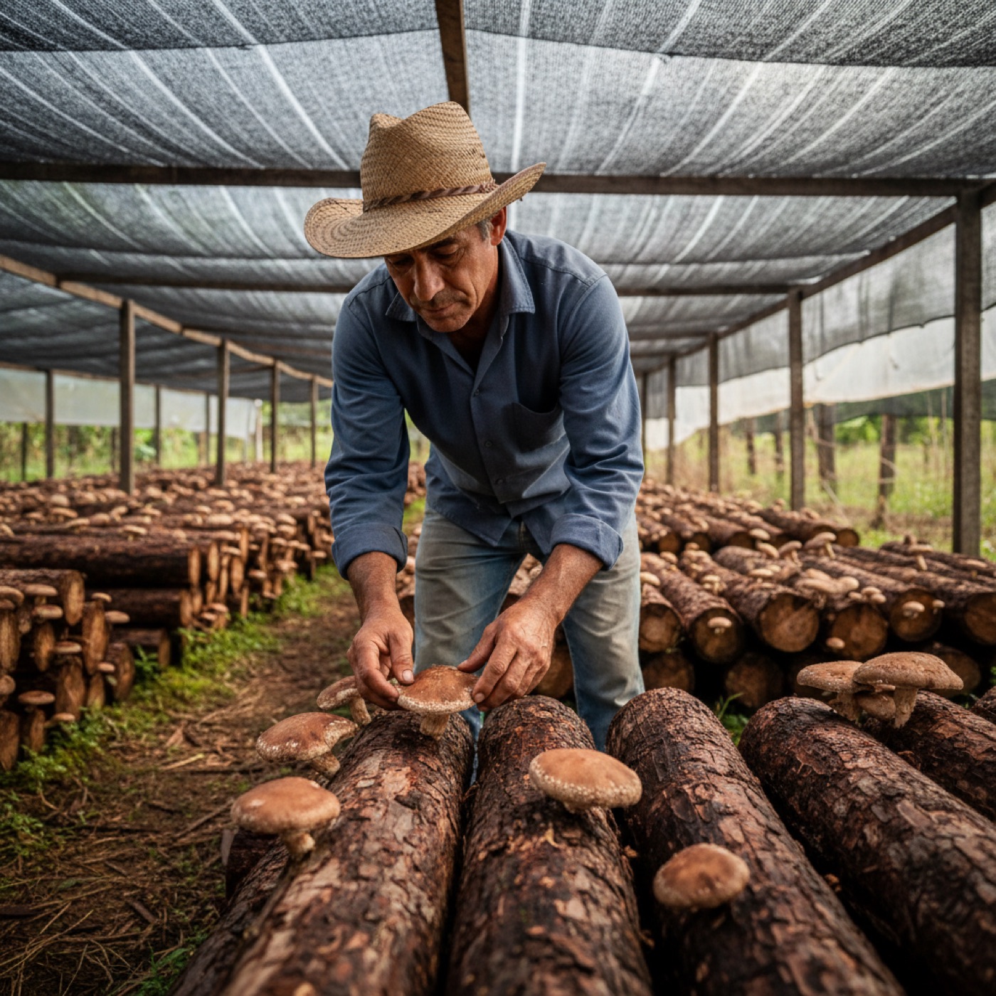 Agricultor de chapéu colhe cogumelos shiitake de toras de eucalipto empilhadas sob sombrite.