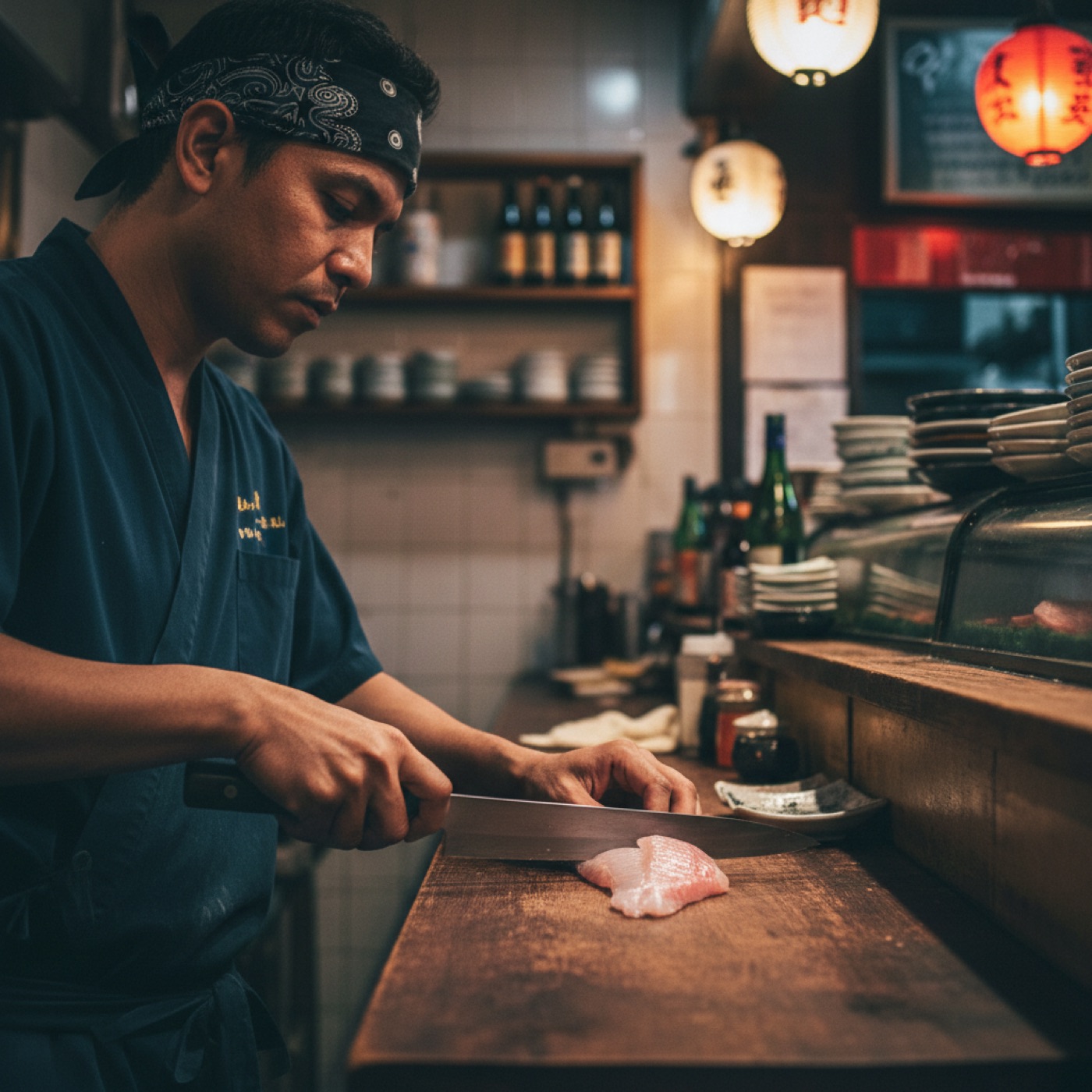 Sushiman fatia um filé de peixe fresco no balcão de madeira de um restaurante pequeno.